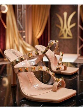 Studded Nude High Heel Sandals With  Straps & Square Toe Design For Women